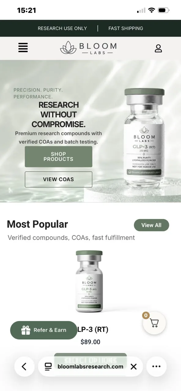 Mobile screenshot of the Bloom Labs Research website, showing the “Research without compromise.” hero and the Most Popular product listing.
