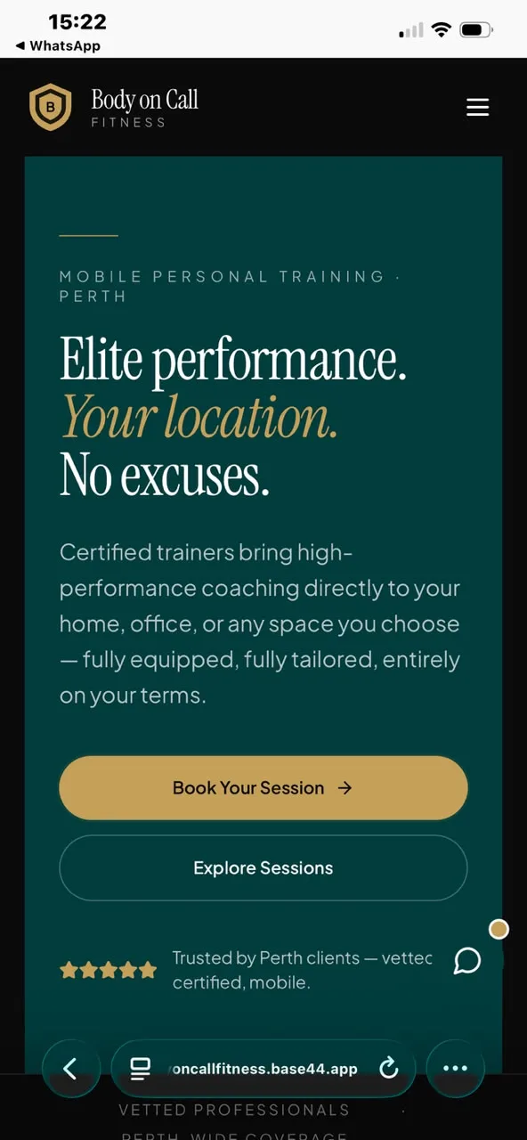Mobile screenshot of the BodyOnCall fitness platform, showing the “Elite performance. Your location. No excuses.” hero with Book Your Session and Explore Sessions buttons.