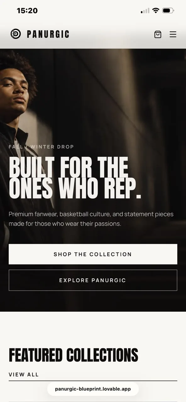 Mobile screenshot of the Panurgic apparel storefront, showing the “Built for the ones who rep.” hero with Shop the Collection and Explore Panurgic buttons.